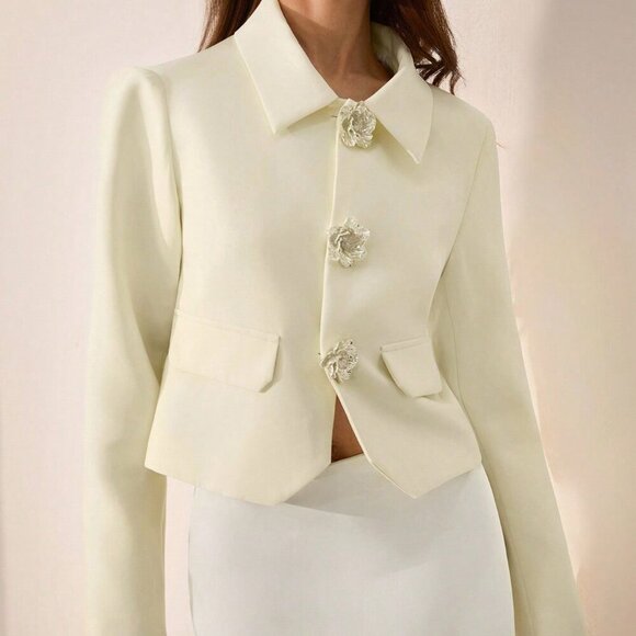 Jackets & Blazers - Yellow Elegant Women's Formal Blazer with Ornate Floral Details